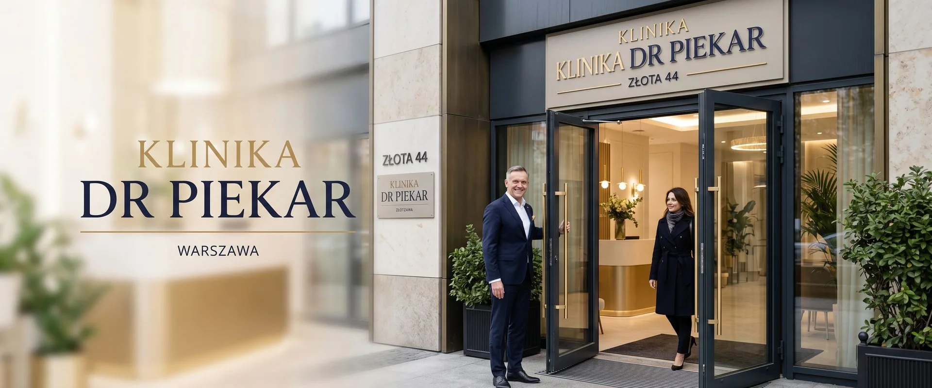 Klinika Dr. Piekar — elegancka fasada wejścia na Złotej 44