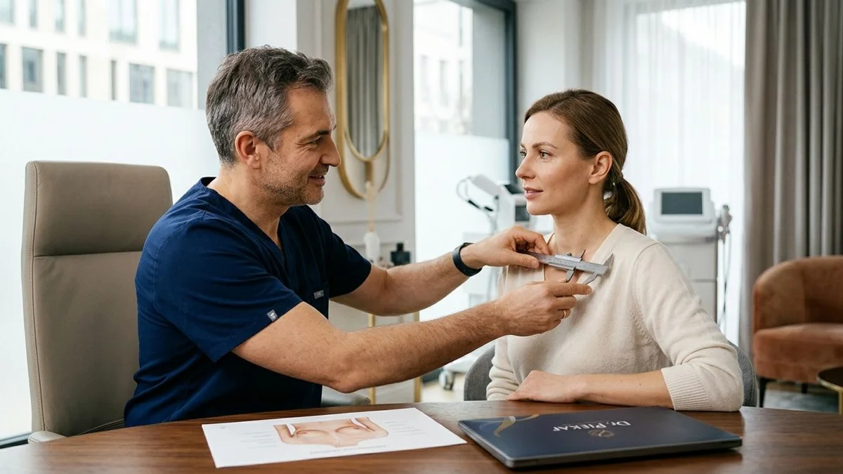 Konsultacja mastopeksji w Klinice Dr. Piekar — pomiary anatomiczne i ocena stopnia opadania